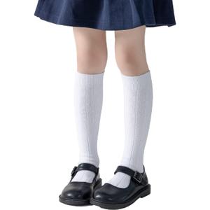 Marchare Girls Knee High Socks Kids Boys School Uniform Seamless Cable Knit Cotton Socks Stockings White Black Navy 3/6 Pack (White)