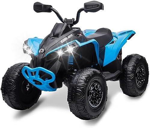 Kids ATV 4 Wheeler, 12V Ride On Toys Car for Kids with 2x35W Motor, Quad Electric Vehicles with Remote Control, LED Lights, Spring Suspension, Treaded Tires, Music, USB & AUX, Blue