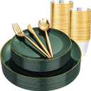 bUCLA 150PCS Green Plastic Plates - Green and Gold Disposable Include 25 Each (Dinner & Dessert) Plates, 25 Knives, 25 Forks, 25 Spoons and 25 Cups, Ideal for Party&Christmas