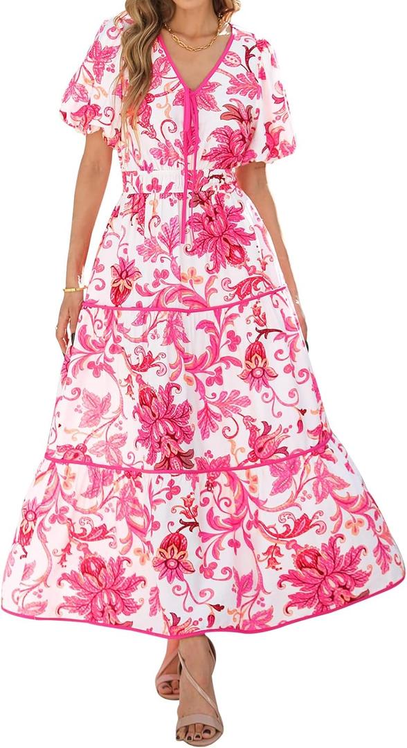 PRETTYGARDEN Women Summer Boho Maxi Dresses 2025 V Neck Puff Short Sleeve A-Line Flowy Tiered Floral Wedding Guest Dress (Pink, M)