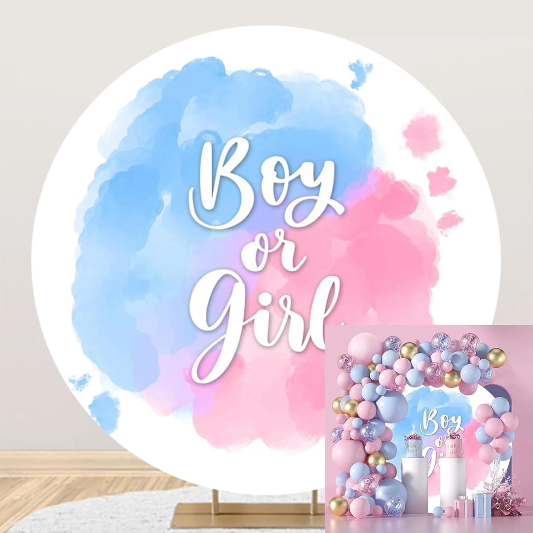 Polyester Diameter 6.5ft Round Boy or Girl Gender Reveal Backdrop Blue and Pink Watercolour Cloud Photography Background He or She Pregnancy Reveal Surprise Party Photoshoot Banner