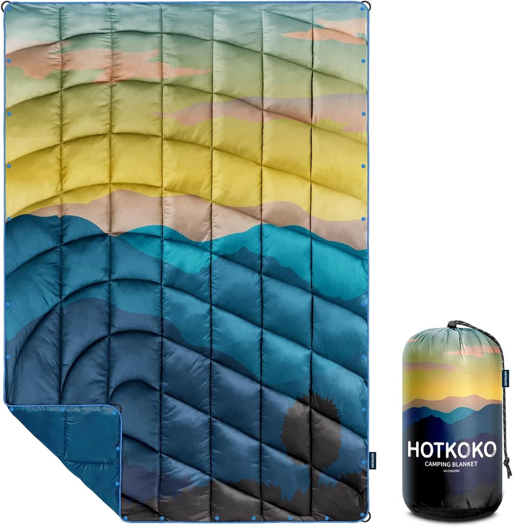 Camping Blanket,Lightweight Puffy Printed Camping Blanket Packable Outdoor Blanket for Camping,Traveling, Stadium, Hiking, Picnics (52x75", Blue Mountain-thick)