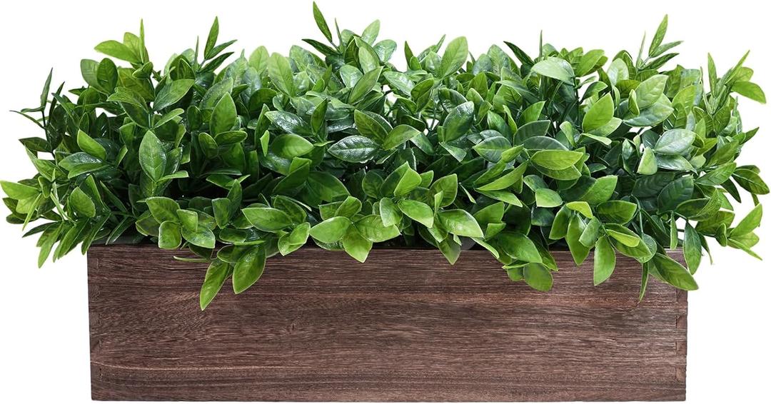 Winlyn 14" Artificial Boxwood Plants in Rectangular Wood Planter Farmhouse Greenery Arrangement Centerpiece Faux Potted Herb Plant for Wedding Dining Room Table Kitchen Windowsill Mantel Shelf Dcor