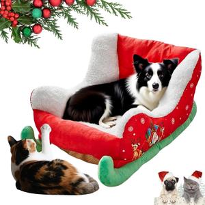 2025 New Christmas Sleigh Dog Beds, Interesting Red Christmas Cat Dog Bed, Holiday Plush Pet Bed with Synthetic Fur, Christma Holiday Themed Pet Bed, Washable and Highly Durable