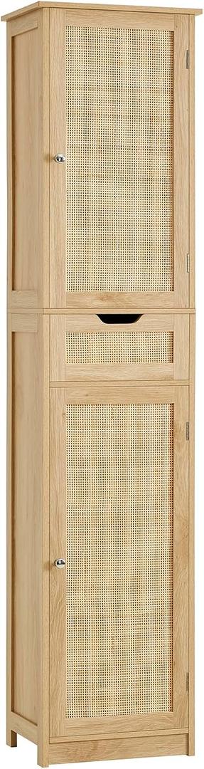 Iwell Tall Narrow Storage Cabinet with 1 Drawer and 2 Doors, Fluted Cabinet with Adjustable Shelves, Rattan Kitchen Cabinet for Bathroom, Living Room, Kitchen, Natural Oak, 67"H