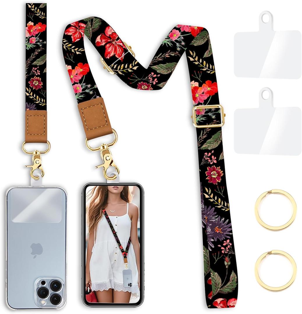 Cell Phone Lanyard Crossbody with Wrist Strap, Flower Lanyards for Around The Neck Wristlet Adjustable Phone Strap Floral for Keys Case ID Badges Accessories