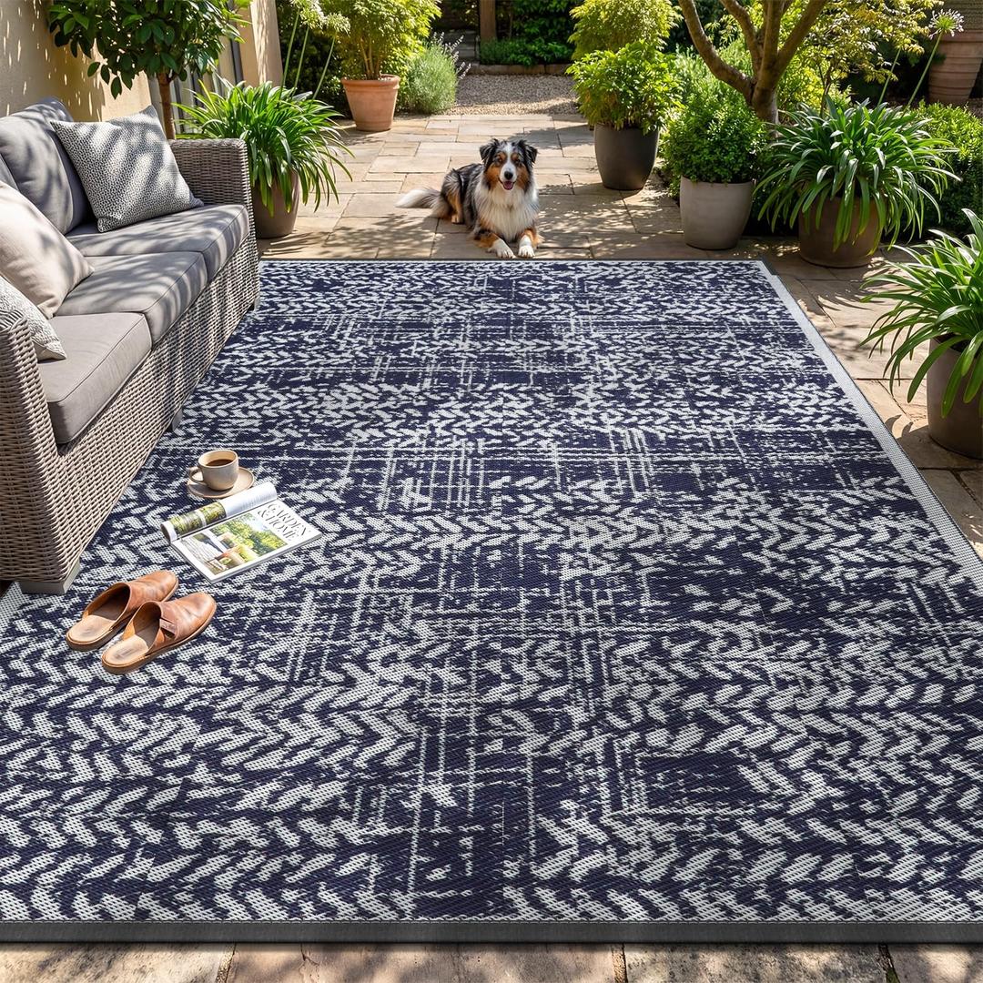 MontVoo Outdoor Rug 8x10 Waterproof-Patio Rug Mat Outdoor RV Camping Picnic Beach Mat Plastic Straw Rugs Outside Outdoor Area Rugs for Balcony Deck Backyard Navy Blue