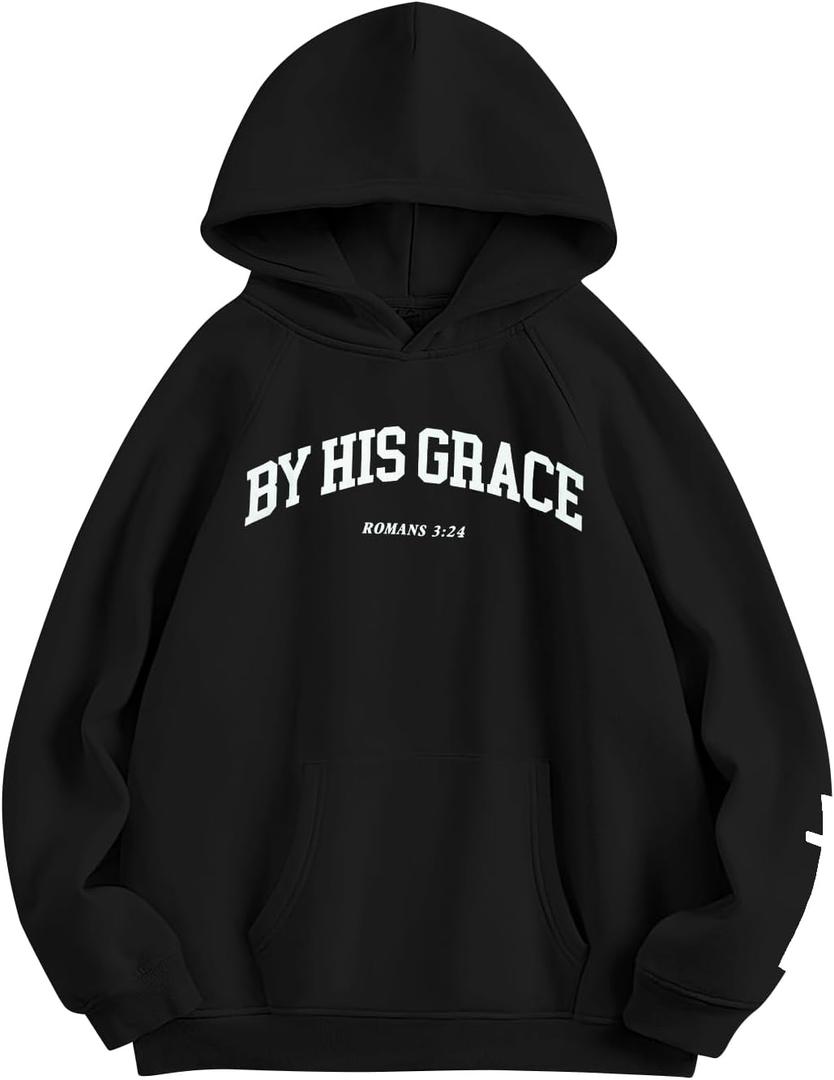 FAYALEQ Christian Sweatshirt By His Grace Letter Print Hoodie Christian Religious Sayings Sweater Bible Pullover Tops (Small, Black)