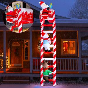 Joliyoou 10FT Christmas Inflatable Decoration, Giant Lighted Ladder to Chimney Climbed with Reindeer Santa Snowman, Xmas Blowups with C7 String Lights for Winter Holiday Roofs Decor
