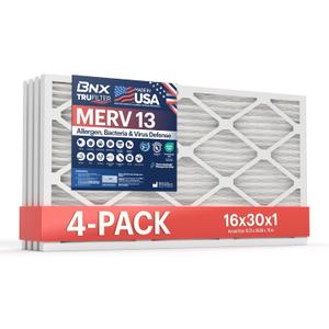 BNX TruFilter 16x30x1 Air Filter MERV 13 (4-Pack) - MADE IN USA - Electrostatic Pleated Air Conditioner HVAC AC Furnace Filters for Allergies, Pollen, Mold, Bacteria, Smoke, Allergen, MPR 1900 FPR 10