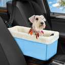 Dog Car Seat for Small Dogs, Center Console Dog Car Seat with Metal Frame & Double Protection Seat Belts, Pet Booster Seat with Safety Leash and Storage Pocket for Pets Dogs Cats, Light Blue