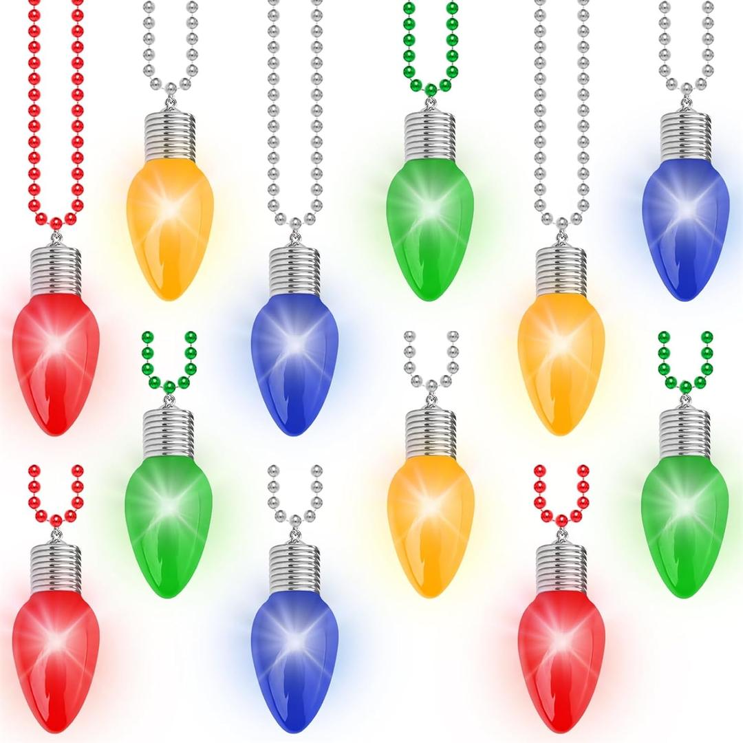 12PCS Christmas Necklace Light Up, 3 Modes Bead Chain Christmas Accessories, 4 Colors Bulk Bead Necklace, Xmas Party Favors for Ugly Sweater Parties Holiday Celebrations, Festive Gift Supplies