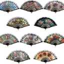 Coloch 10 Pack Spanish Floral Folding Hand Fan with Plastic Side, Vintage Handheld Folding Fan with Retro Patterns for Wedding, Dancing Party, Cosplay, Fancy Gift, Wall Decoration, Random Pattern