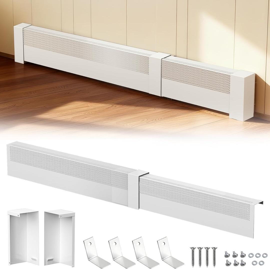 3FT-6FT Baseboard Heater Cover, Galvanized Steel Decorative Baseboard Heater Covers with Left and Right End Covers, Easy Slip-On Baseboard Covers for Hydronic Home Heating Systems, White