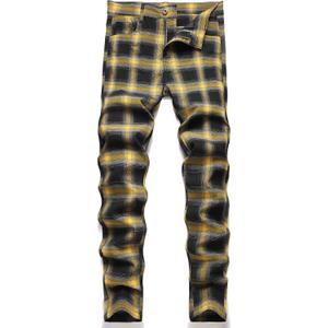 NOVOCCT Plaid Pants for Men - Skinny Mens Dress Pants - Stretch Slim Fit Business Casual Dress Chinos for Men (42, Black Yellow Plaid)