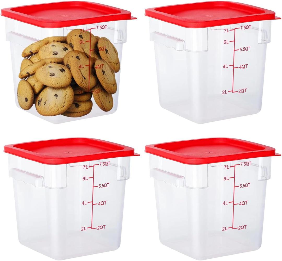 BIEAMA 4 Pack Food Storage Containers, 8 Quart with Lids, Square Commercial Containers with Scale, NSF, Polycarbonate, Clear
