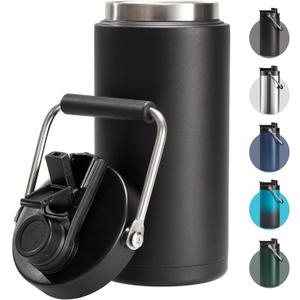 Fijinhom Half Gallon Insulated Water Bottle for Travel: 2-in-1 Straw and Spout Lid, Keep Cold 24Hrs, Leakproof, 64oz Water Jug With Handle, Vacuum Stainless Steel for Sports, Hiking, Trip(Black)
