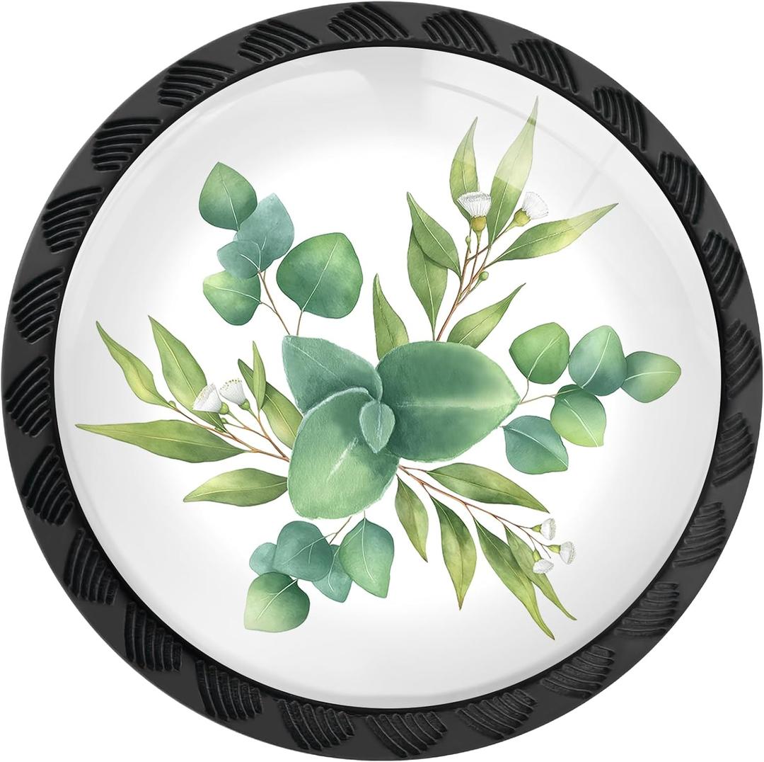 4 Pack Watercolor Green Eucalyptus Leaves and Branches Cabinet Knobs Round Drawer Pulls Black Dresser Knob Cupboard Door Handles Hardware for Kitchen Bathroom Cabinets