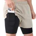 Cosmolle Men's 2-in-1 Quick-Dry Workout Shorts Built-in Liner Elastic Waistband Multi-Pocket Design for Gym Basketball (Beige, XL)