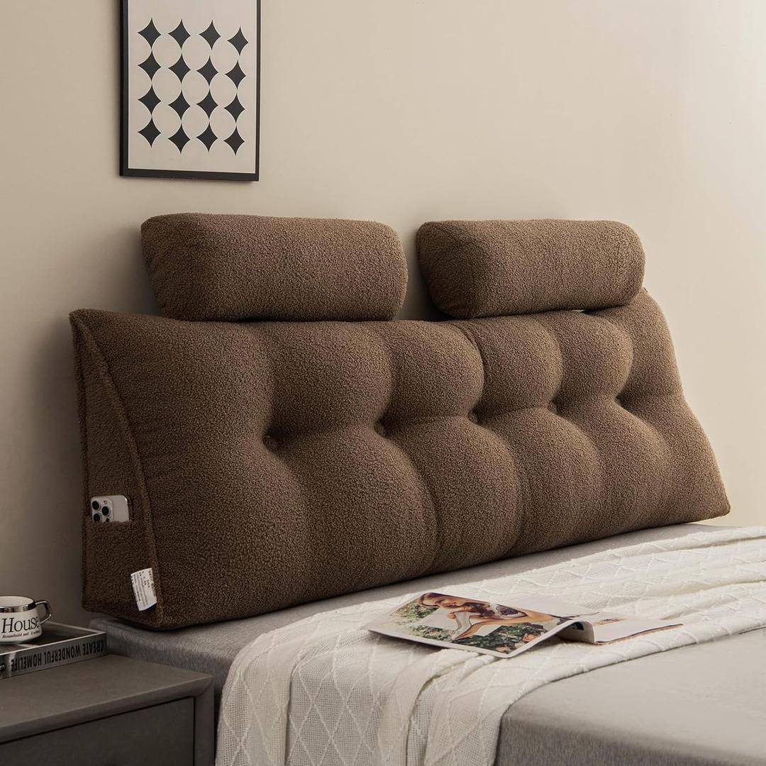 King Size Headboard Pillow,Dorm Headboard Pillow King,with Neck Roll Pillow,with Two Large Side Pockets Removable Cover,for Bed Rest Reading Wedge Headboard Pillow,Teddy Velvet/Dark Brow