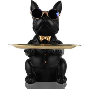 QIANLING Modern Decor Resin Bulldog Tray Statue Piggy Bank Tray Storage Entrance Key Holder Candy Jewelry Earrings Tray Suitable for Home Decor Modern Art Dining Table Decor Office Small Object Tray (Black)