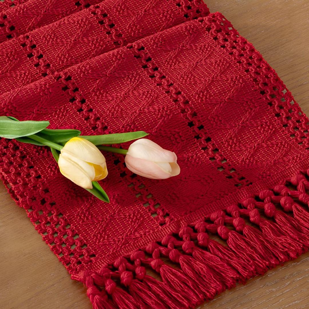 Socomi Boho Table Runner Macrame Valentine's Day Farmhouse Woven Cotton Linen Rustic Coffee Table Runner with Tassels for Dresser Scarf Home Decor Dining Room 12x90 in Red