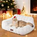 Orthopedic Cat Couch Bed for Indoor Cats, Cute Pet Sofa with Supportive Egg Foam, Fluffy Faux Fur Removable Washable Cover and Non-Slip Bottom, Ivory White