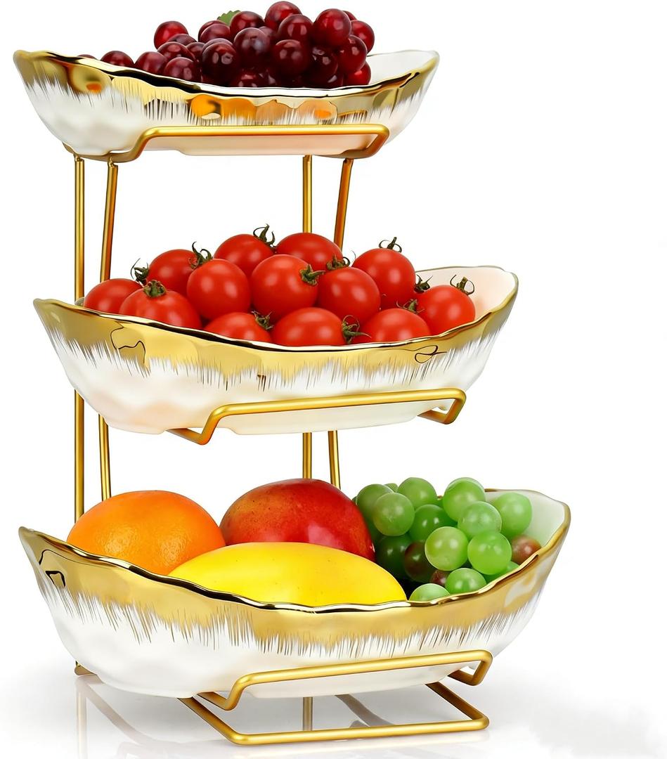 3 Tier Fruit Bowl for Kitchen Counter, Gold Trim Ceramic Fruit Stand Basket for Countertop, Fruit Rack with Thickened Metal Holder, Vegetable Bowl Dessert Nuts Bread Candy Storage (Gold Trim)
