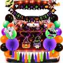 Halloween Trunk or Treat Car Decorations Kit with LED Lights, Happy Halloween Theme Design Car Archway Garage Decoration with Banner, Paper Fans, Balloons, Tassel, Spiral Band and Pumpkin Stickers