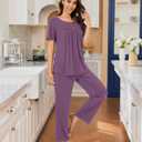Bestbee Women's Pajama Sets 2 Piece Summer Sleepwear Lounge Outfits Short Sleeve Long Pants With Pockets Ladies Pjs (Purple, L)