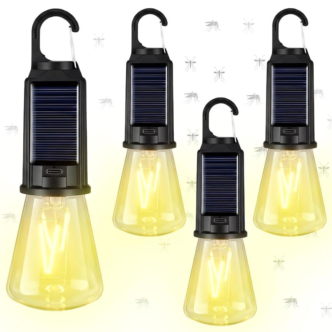 4 x 4 Pcs Solar Mosquito Repellent Camping Lantern with Yellow Light, Mosquito-reducing Rechargeable LED Bulb, 3 Different Modes, Portable Hanging Tent Light with Hook for Camping Hiking(T02)