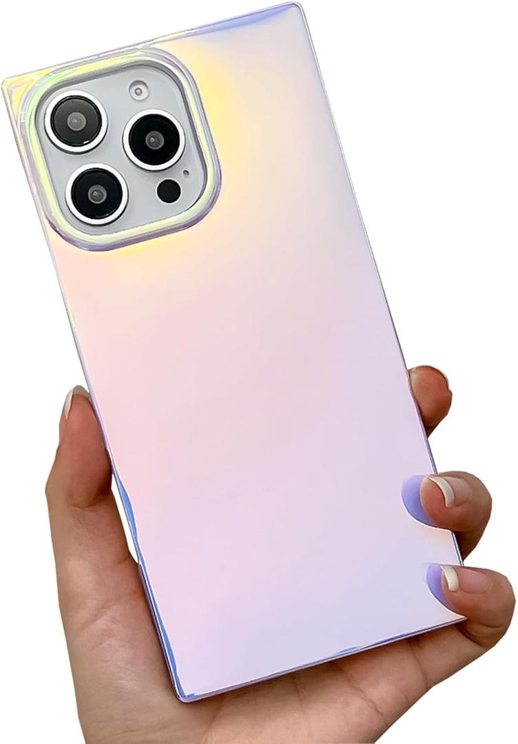 KERZZIL Cute Holographic Compatible with iPhone 16 Pro Rectangle Case, Slim Colorful Glossy Soft TPU Silicone Protective Durable Cases Cover for Women Girls Blue Purple