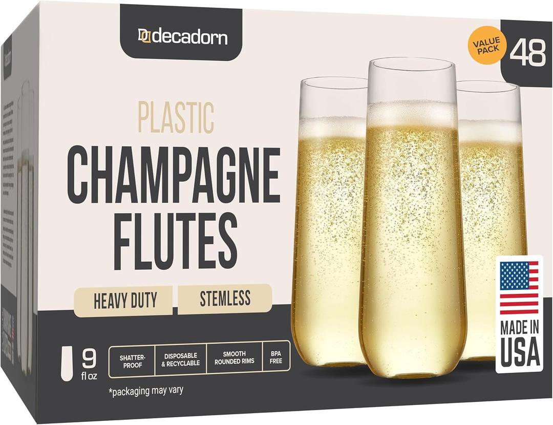 DECADORN Clear Stemless Champagne Flutes Plastic 48 Pack - 9oz Plastic Champagne Glasses - Durable and Sturdy Mimosa Glasses For Parties - Shatterproof, Recyclable, BPA-Free, Smooth Rims.