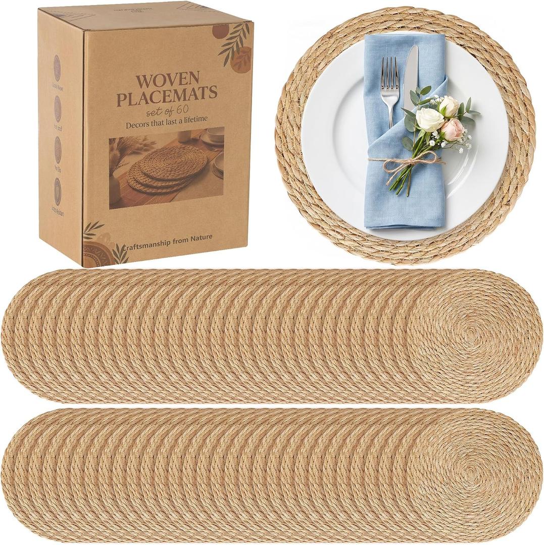 60 Pack 12IN Round Woven Placemats, Natural Bulrush Boho Farmhouse Mats