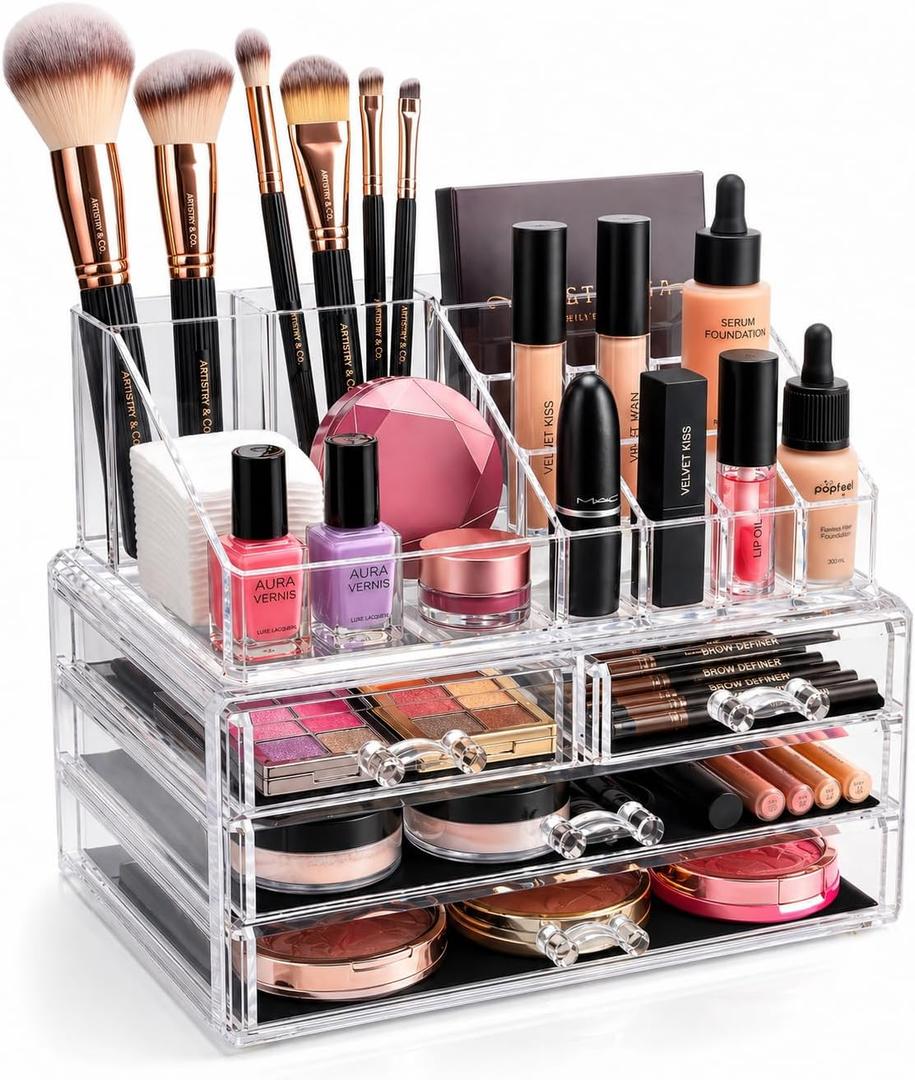 Brookstone Makeup Organizer Case - Countertop Storage With Drawers, Acrylic Cosmetic Display Box, Vanity Organizer and Makeup Holder For Accessories