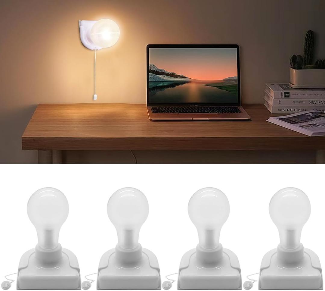 4 Pack Battery Operated Light Bulb, Stick-Up Battery Powered Wireless LED Closet Light Bulb, Self Adhesive Wall Light Fixture with Pull Chain for Cabinet Bedroom Kitchen, 3000K Warm White