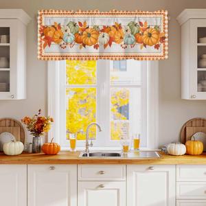 Window Valance Rod Pocket Panel for Kitchen Bedroom Windows Thanksgiving Maple Leaf Fall Pumpkin Harvest Valances Short Curtain Bathroom Treatment Drapes Vintage Wood Board Orange Buffalo Check (54"W x 18"L (Pack of 1))