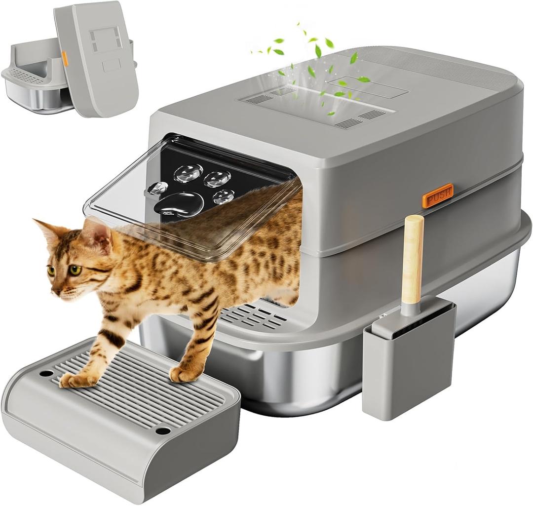 Erinaik Stainless Steel Cat Litter Box with Lid, XL Extra Large Litter Box, High Sided & Enclosed & Hooded Metal, Never Absorbs Odors, Anti-Leakage, Easy Cleaning (Light Grey)