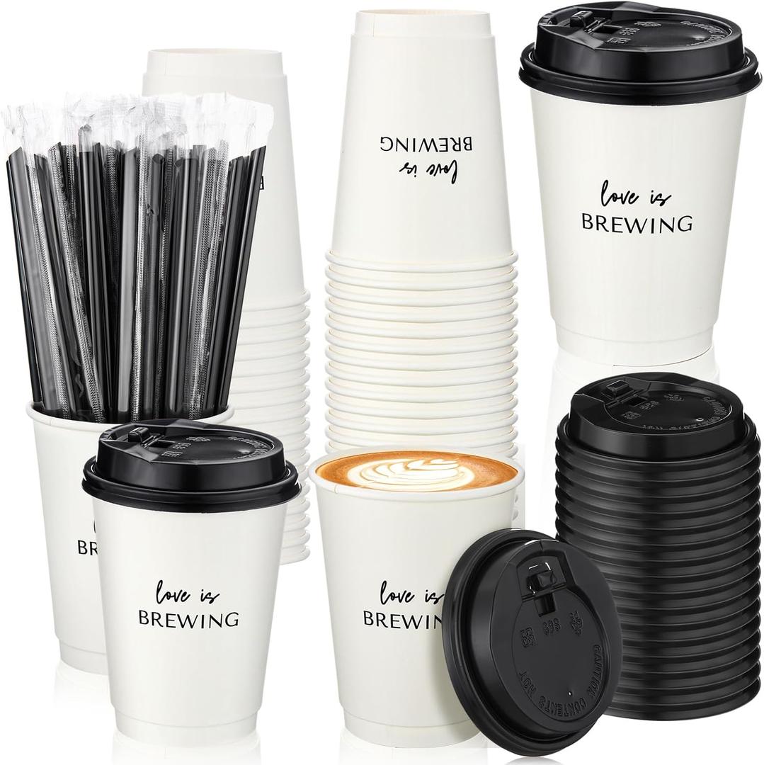 25 Pcs Wedding Coffee Cup Love Is Brewing Bridal Shower Decoration Disposable Wedding Paper Drinking Tumbler Bulk with Lid Straw Custom Reception Cup Engagement Mother Party (Minimalist)