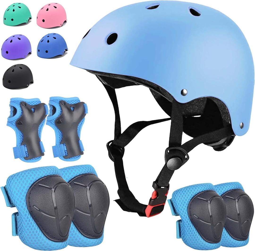 Kids Bike Helmet Set Adjustable for Children, Boys, Girls and Teenagers Aged 3-8 Years Includes Elbow, Knee, Wrist Guards Children's Helmet Protection Set for Bikes Skateboards Roller skates, Sky Blue, Medium