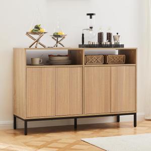 Farmhouse Buffet Sideboard Cabinet with Storage, Fluted Natural Coffee Bar Station Table with Doors and Adjustable Shelves, Modern Wood Cupboard for Kitchen (46.5 inches x 14.8 inches x 31.5 inches)