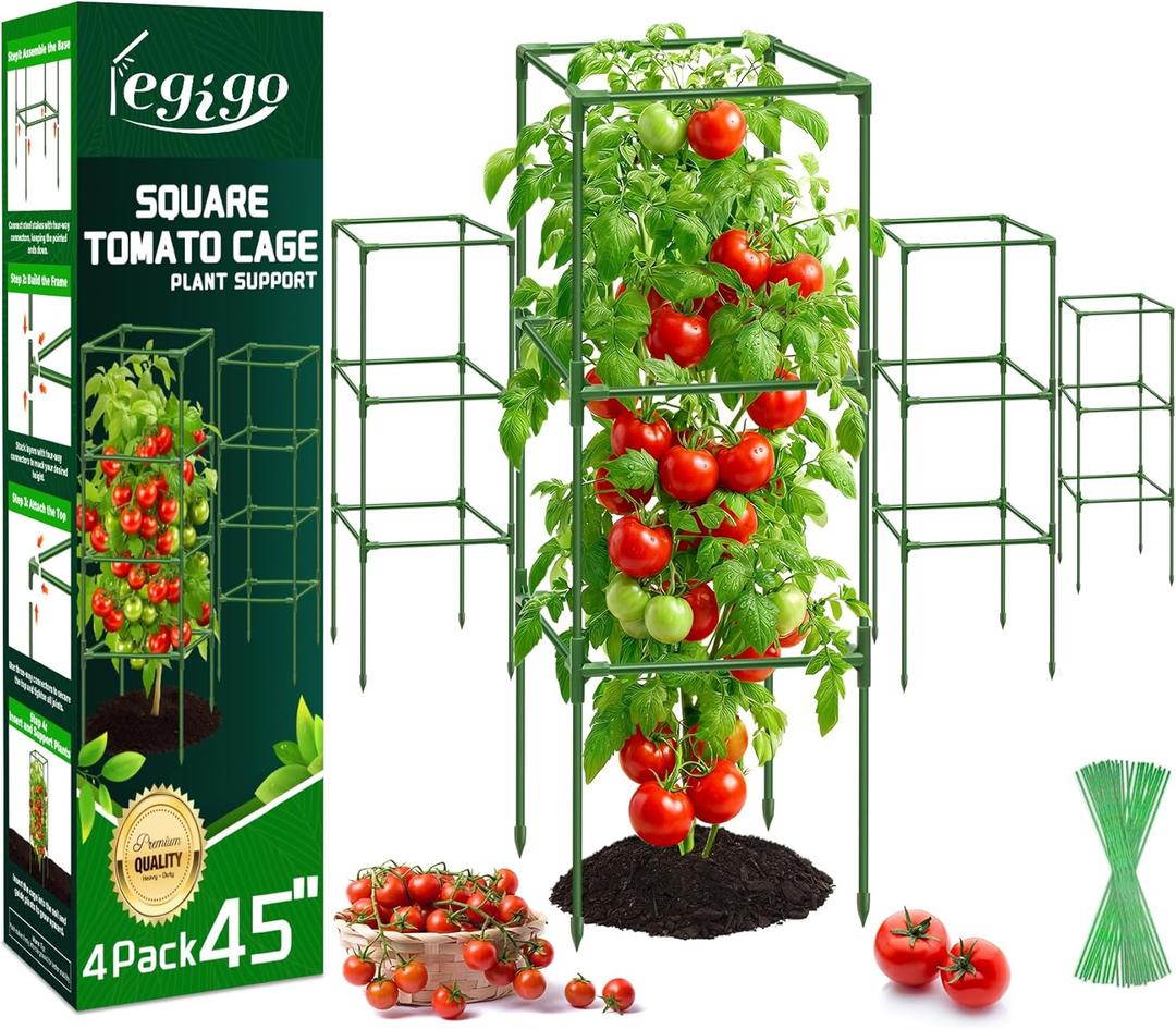 Legigo 4 Pack Square Tomato Cages- 45 Inch Heavy Duty Tomato Trellis for Climbing Plants Outdoor, Tomato Plant Support Stakes Cage Garden Trellis for Garden Raised Garden Bed Cucumbers Vegetables
