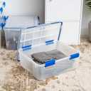 IRIS USA 26.5 & 44 Quart Combo WEATHERPRO Plastic Storage Box with Durable Lid and Seal and Secure Latching Buckles, Clear With Blue Buckles, Weathertight, 1 Pack
