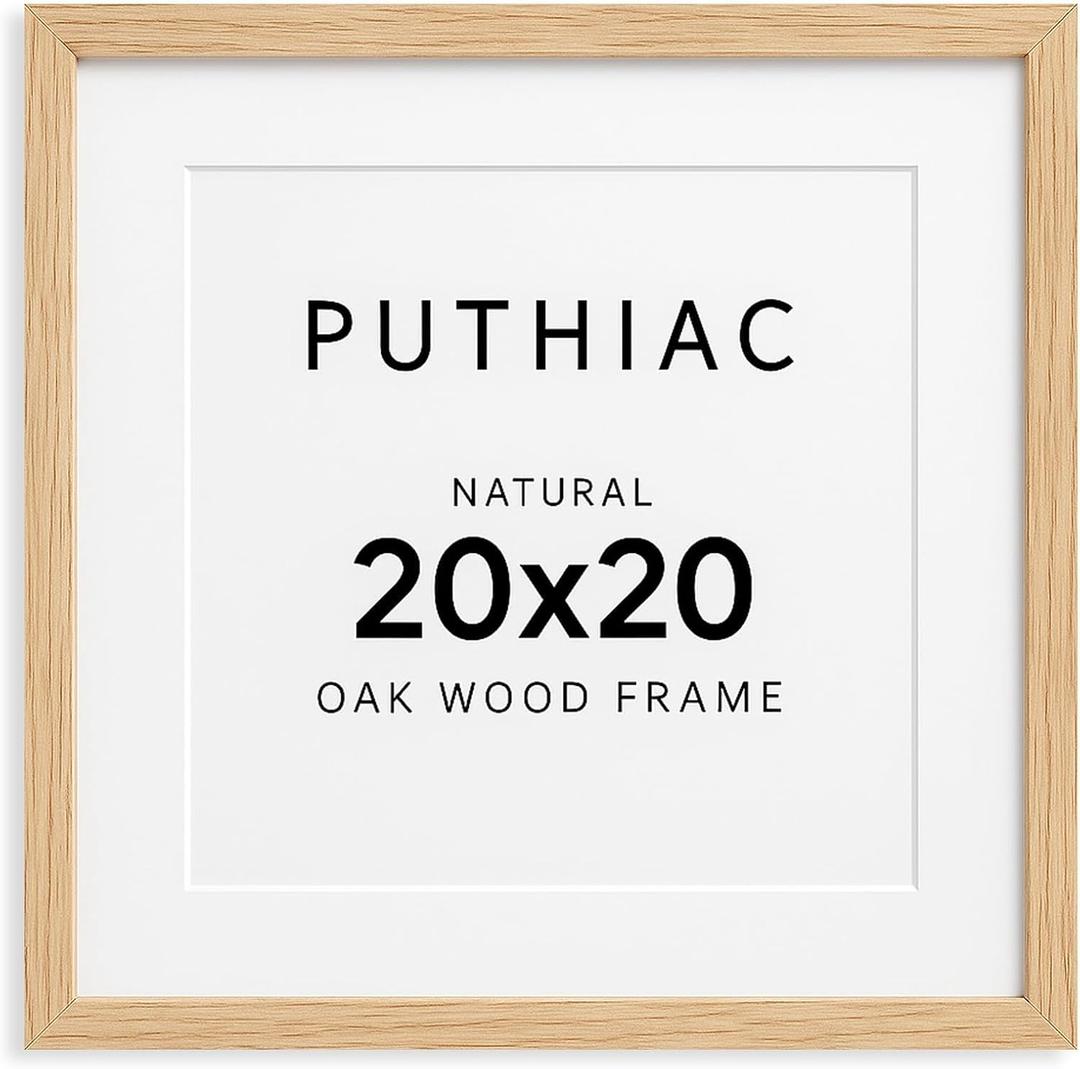 puthiac 20x20 Solid Oak Wood Picture Frame, Fits 16x16 with Mat or 20x20 Without Mat, Wall Display Only, Plexi Front, 1 Pack, Natural Oak