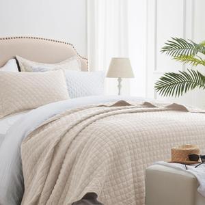 SunStyle Home Quilt Set Queen Beige Lightweight Bedspread Full Soft Reversible Coverlet for All Season 3pcs Diamond Quilted Bedding Sets (1 Quilt 2 Pillow Shams)(90"x96")