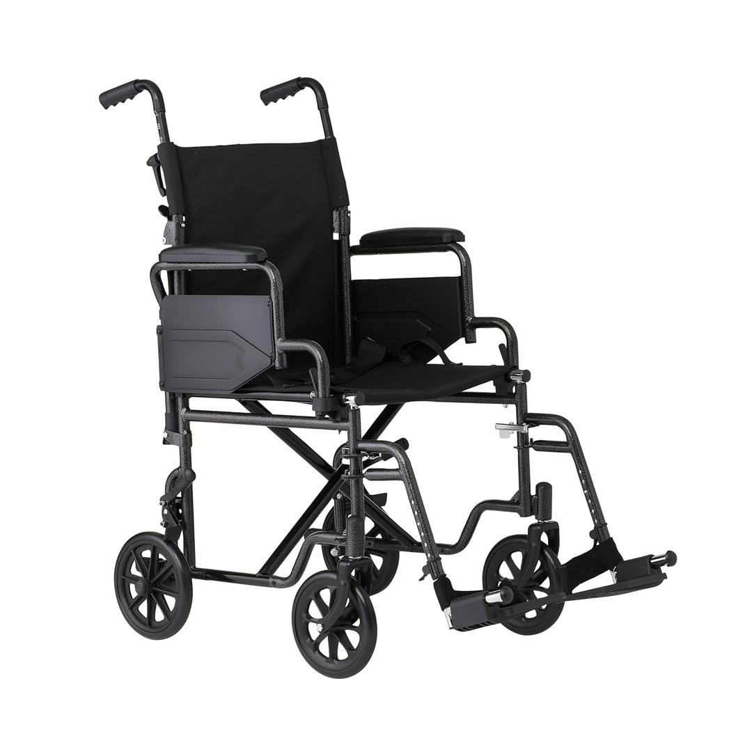 Medline Carbon Steel Folding Transport Chair with Swing-Back Arms, Swing-Away Foot Rests, Portable Mobility for Adults & Seniors, 19" Wide Padded Seat, 250 lb. Capacity, Black