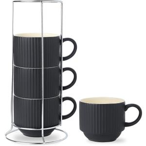 Hasense Coffee Mug Ceramic Set of 4 with Stand - 15 oz Stackable Large Porcelain Ribbed Latte Cup Set for Cappuccino, Tea, Hot Cocoa, Drinks - Dishwasher & Microwave Safe, Black