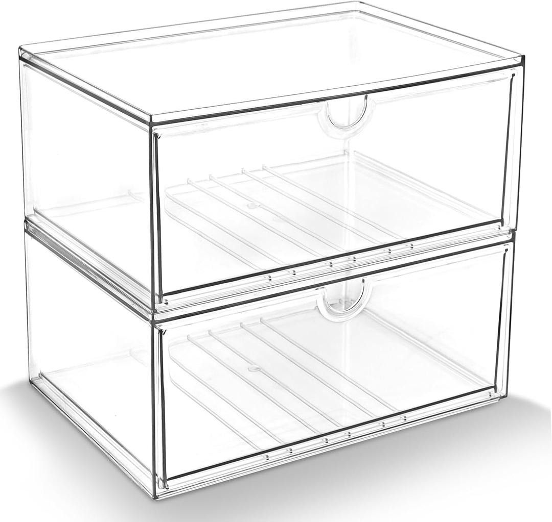 2 x Prsildan Acrylic Makeup Organizer, 2 Pack Stackable Clear Storage Drawers for Baby Bottles Desk Organizers with 2 Drawers for Countertop Vanity Nursery Modular System for Cosmetics Jewelry