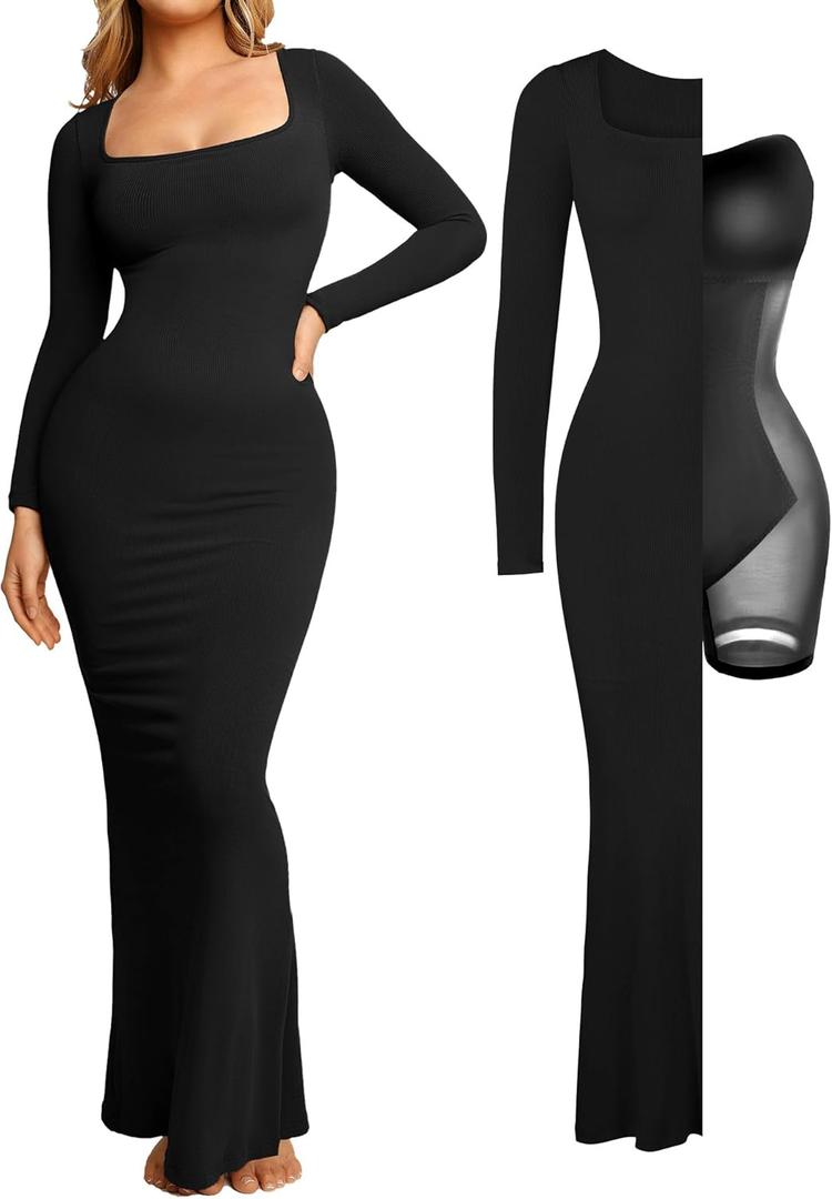Popilush Women's Long Sleeve Maxi Dress Built-in Shapewear Bra Square Neck Fall Formal Wedding Guest Cocktail Bodycon Dresses (4X-Large, Black)