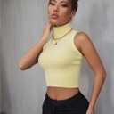 Verdusa Women's Crop Tops Old Money Clothes Sleeveless High Mock Neck Knit Fitted Basic Tank Top (Light Yellow)